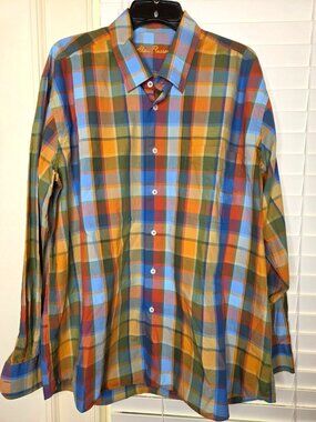 Alan Flusser Mens XL Multicolor Plaid Cotton Button-Down Shirt LS Classic Bloke